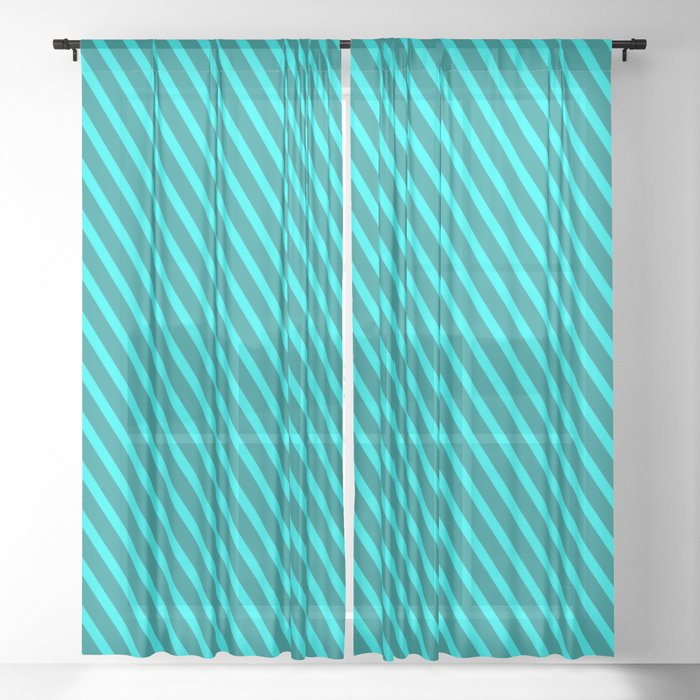 Dark Cyan and Cyan Colored Lined Pattern Sheer Curtain