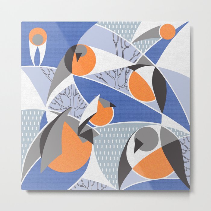 Birds bullfinches in blue, grey and orange colors Metal Print