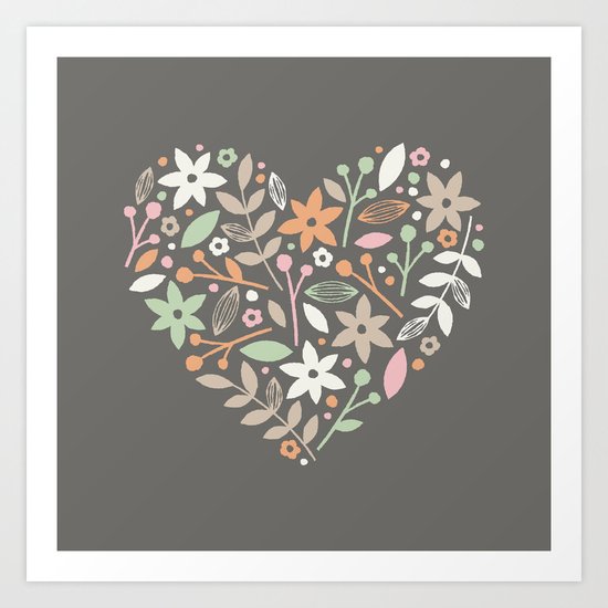 Floral Heart - in Charcoal Art Print