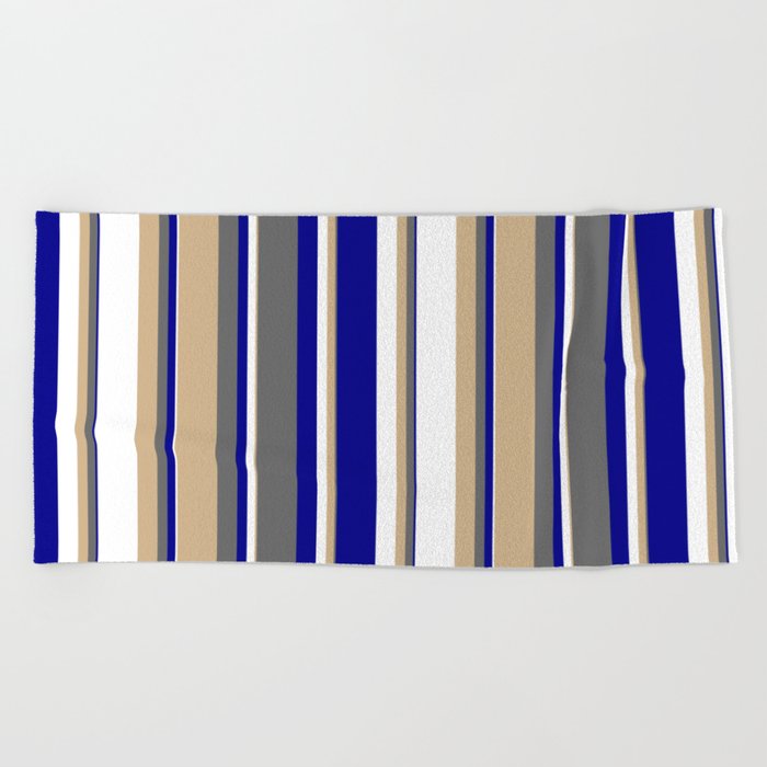Tan, Dim Grey, Dark Blue & White Colored Striped/Lined Pattern Beach Towel