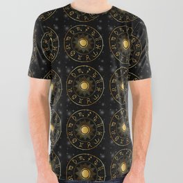 Zodiac astrology circle Golden astrological signs with moon sun and stars  All Over Graphic Tee