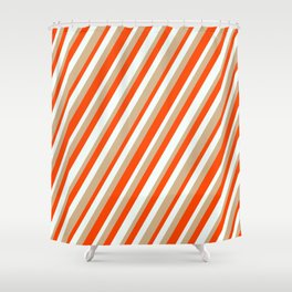[ Thumbnail: Red, Mint Cream, and Tan Colored Lines Pattern Shower Curtain ]