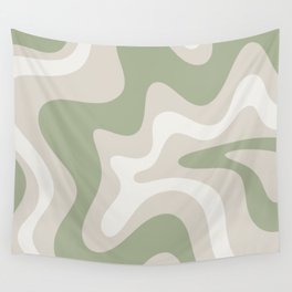 Retro Liquid Swirl Abstract Pattern Square in Almond Beige, Sage Green, and Cream Wall Tapestry