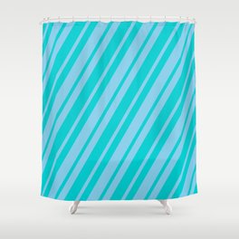 [ Thumbnail: Dark Turquoise & Sky Blue Colored Striped Pattern Shower Curtain ]