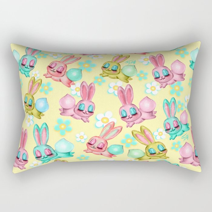 Bunnies and Daisies on Yellow Rectangular Pillow