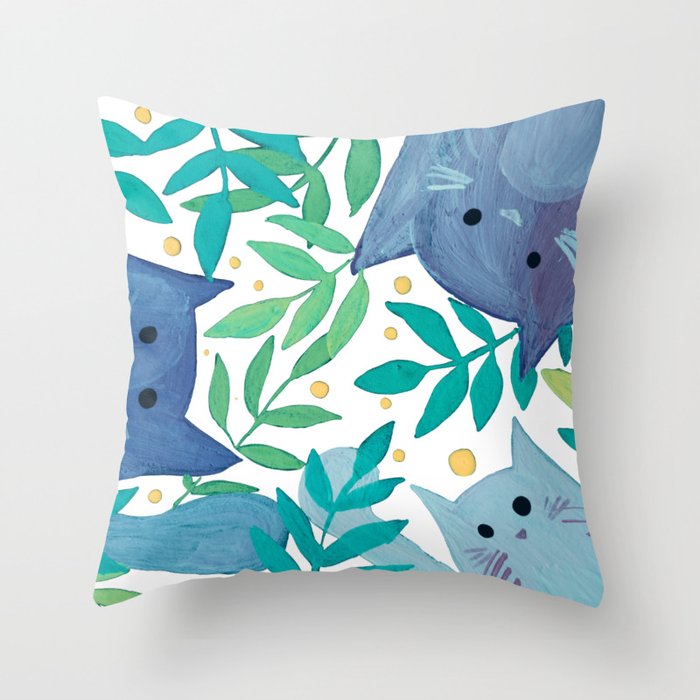 Cats and branches - blue and green Throw Pillow