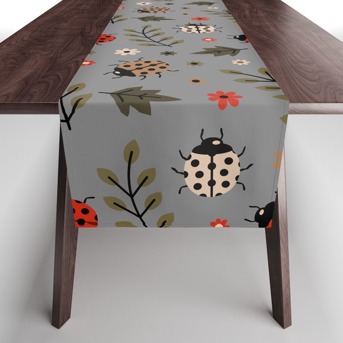 Ladybug and Floral Seamless Pattern on Grey Background Table Runner