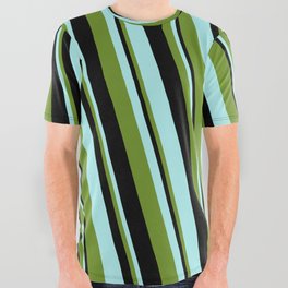 [ Thumbnail: Green, Black & Turquoise Colored Lines Pattern All Over Graphic Tee ]