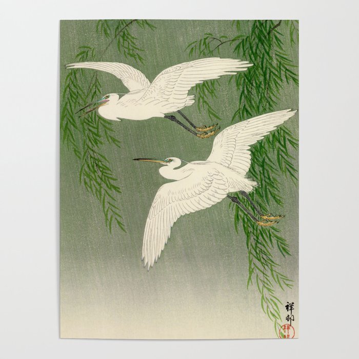 White Herons and Willow in Rain by Ohara Koson Poster