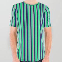 [ Thumbnail: Midnight Blue, Green, and Grey Colored Stripes/Lines Pattern All Over Graphic Tee ]