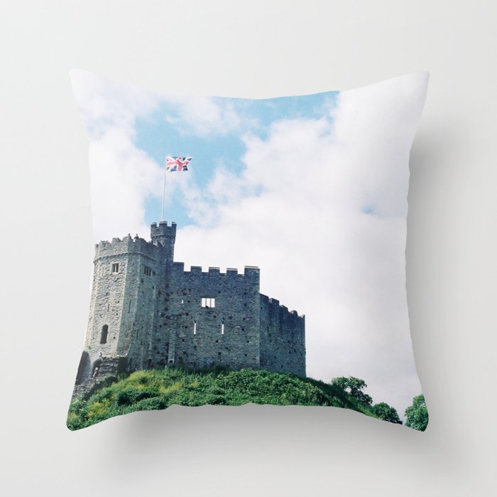 Great Britain Photography - Cardiff Castle With The Flag Of Great Britain Throw Pillow