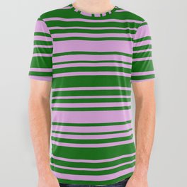 [ Thumbnail: Dark Green and Plum Colored Striped Pattern All Over Graphic Tee ]
