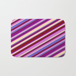 [ Thumbnail: Eyecatching Purple, Orchid, Tan, Slate Blue & Maroon Colored Lined Pattern Bath Mat ]