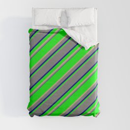 [ Thumbnail: Lime, Tan, Grey & Dark Blue Colored Lined/Striped Pattern Duvet Cover ]