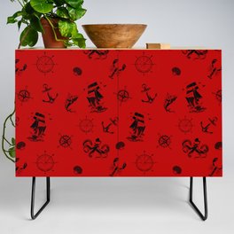 Red And Black Silhouettes Of Vintage Nautical Pattern Credenza