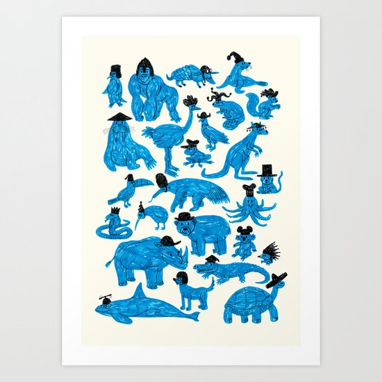Blue Animals Black Hats Art Print