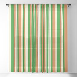 [ Thumbnail: Green, Chocolate, and Light Yellow Colored Striped Pattern Sheer Curtain ]