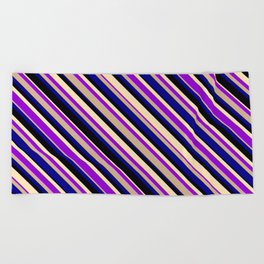[ Thumbnail: Eyecatching Beige, Dark Violet, Tan, Dark Blue & Black Colored Stripes/Lines Pattern Beach Towel ]