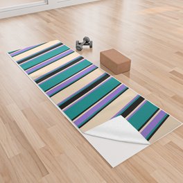 [ Thumbnail: Bisque, Black, Dark Cyan, and Purple Colored Striped Pattern Yoga Towel ]