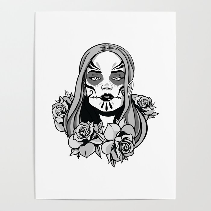 Undead Girl Sugar Skull Floral Skull and Roses Design - Skull Tattoo Design - Grim Reaper Poster by THE ART LAB
