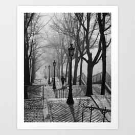 Sacre Coeur, Montmartre, Paris, France Stairs black and white photograph / black and white photography Art Print