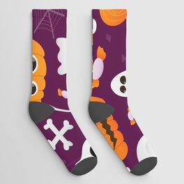 Halloween Cute Seamless Pattern with Pumpkins, Ghosts, Bats, Skulls and Sweets Socks