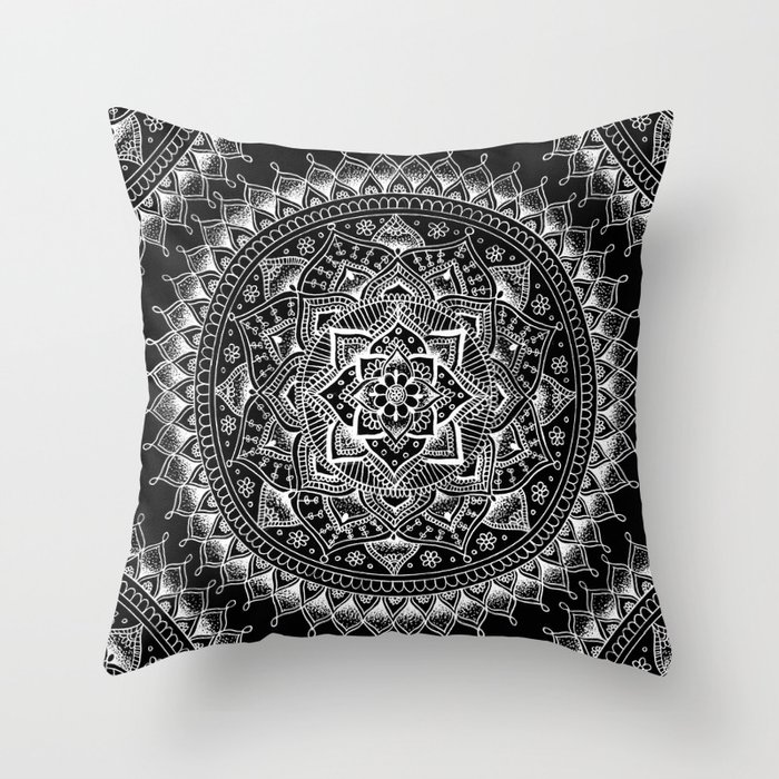 White Flower Mandala on Black Throw Pillow
