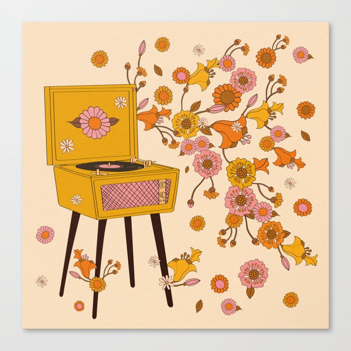 70s Bohemian Turntable, Record Player Art, Pink, Orange, Yellow Canvas Print