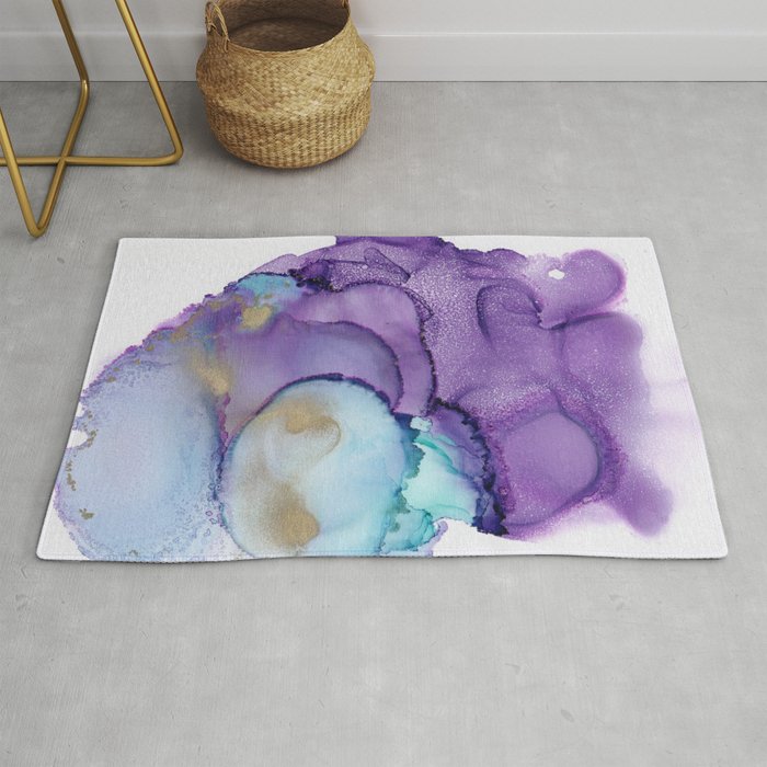 Purple Blue And Gold Burst Abstract Alcohol Ink Art Rug By