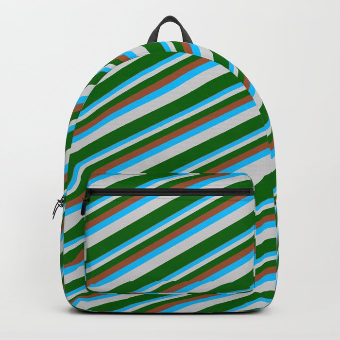 Sienna, Deep Sky Blue, Light Gray & Dark Green Colored Lined/Striped Pattern Backpack