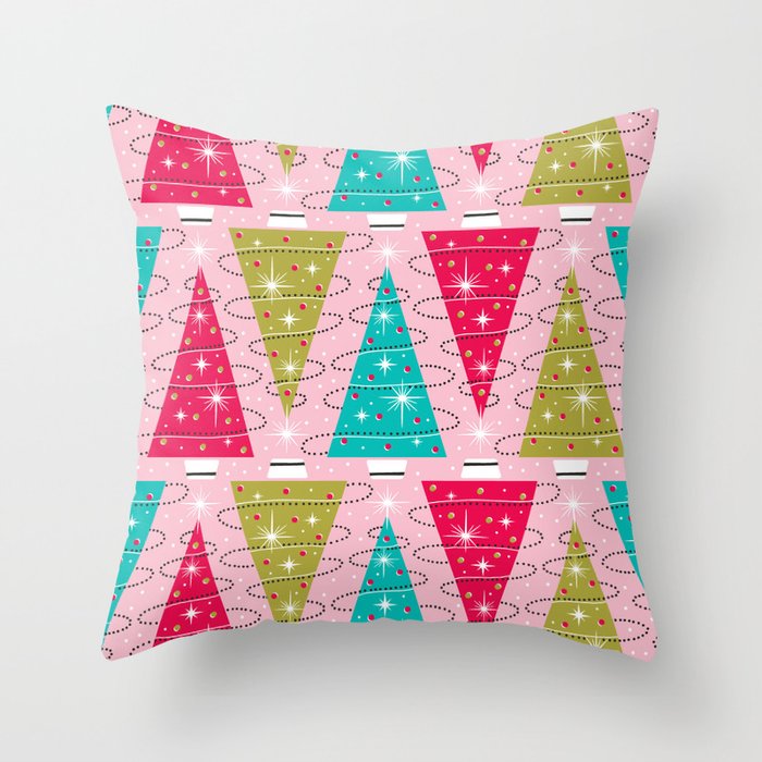 Christmas Tree Trimming Party Pink Throw Pillow