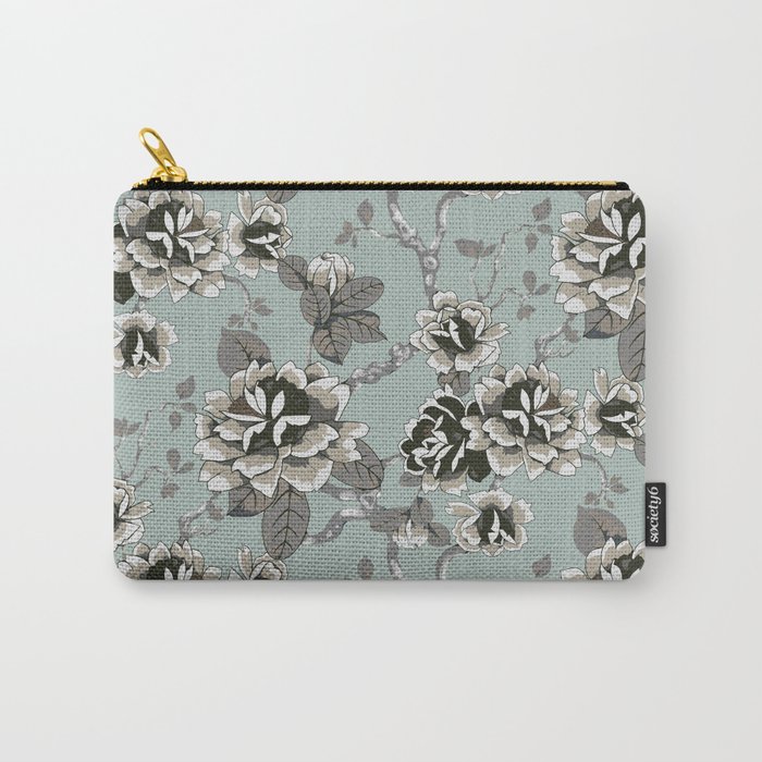 Spring Flowers Pattern Brown on Mint Pastel Blue Carry-All Pouch