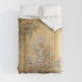 Japanese Edo Period Six-Panel Gold Leaf Screen - Spring and Autumn Flowers Comforter | Gold, Spring, Painting, Nature, Edo, Japanese, Flowers, Vintage, Illustration, Other 