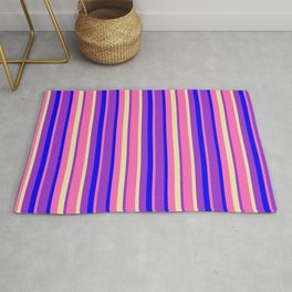 [ Thumbnail: Hot Pink, Pale Goldenrod, Dark Orchid & Blue Colored Stripes Pattern Rug ]