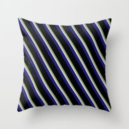 [ Thumbnail: Vibrant Green, Dark Gray, Light Grey, Midnight Blue, and Black Colored Pattern of Stripes Throw Pillow ]