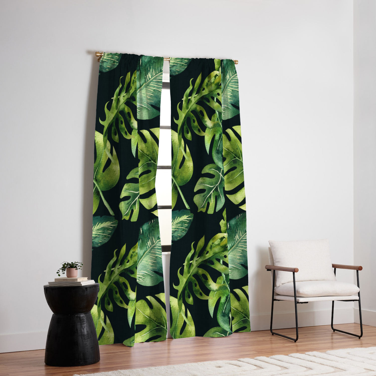 Watercolor Botanical Monstera Tropical Palm Leaves On Solid Black