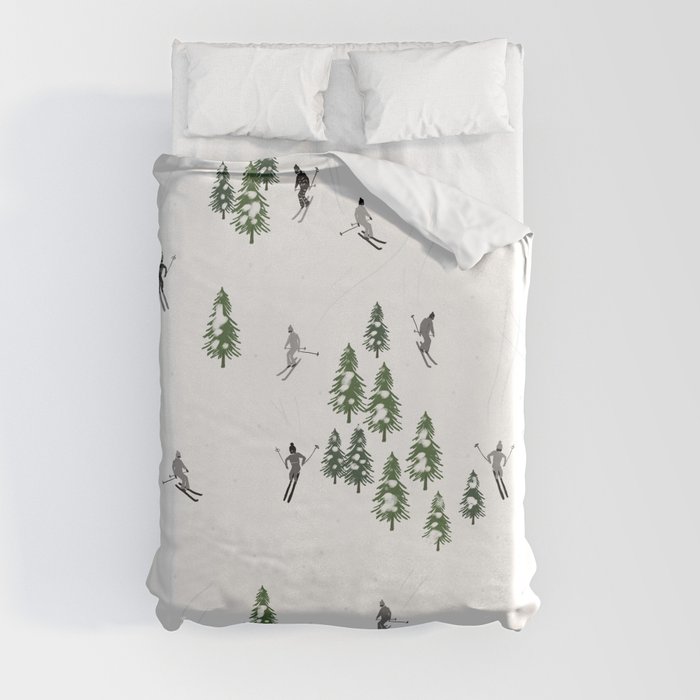 Holiday Skiers Illustration - Black and White Skiing Duvet Cover