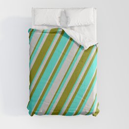 [ Thumbnail: Turquoise, Light Grey & Green Colored Lines/Stripes Pattern Comforter ]