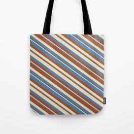 [ Thumbnail: Tan, Blue & Sienna Colored Stripes/Lines Pattern Tote Bag ]