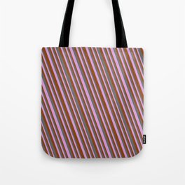 [ Thumbnail: Dim Gray, Plum & Brown Colored Stripes Pattern Tote Bag ]