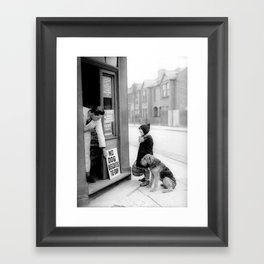 Vintage 'No Dog Biscuits Today' Humorous Little Girl, Dog, and Italian Market black and white photography / photograph Framed Art Print