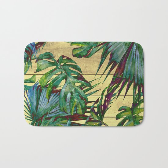 Tropical Palm Leaves on Wood Bath Mat