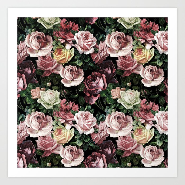 Vintage Shabby Chic Dark Retro Floral Roses Pattern Art Print By Vintage Love Society6