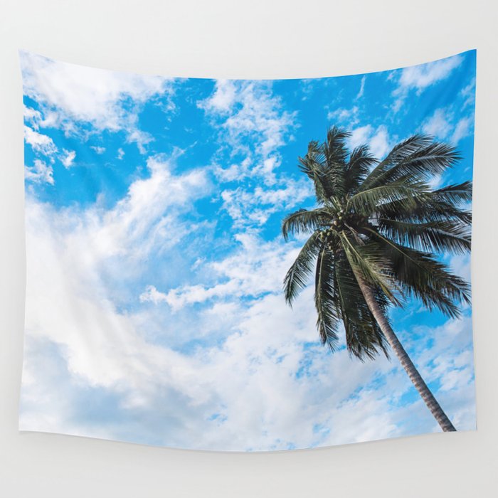 Palm Tree under Blue and White Wall Tapestry