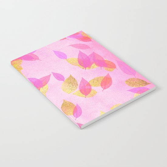 Autumn-world 5 - gold glitter leaves on pink background on #Society6 Notebook