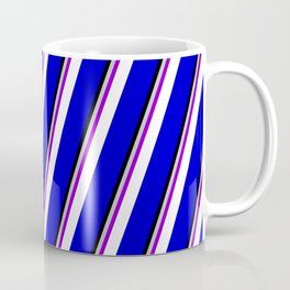 [ Thumbnail: Colorful Grey, Dark Violet, White, Blue & Black Colored Stripes Pattern Coffee Mug ]