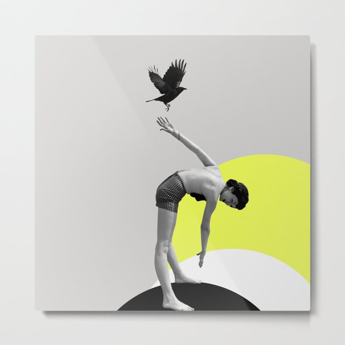 Woman and a Black Bird, Collage Art Metal Print