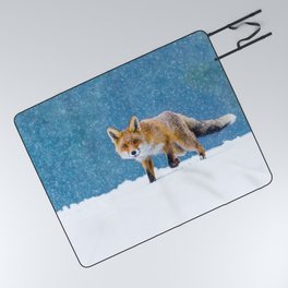 Fox in winter. Red fox, Vulpes vulpes, sniffs about prey on forest meadow in snowfall. Orange fur coat animal hunting in snow. Fox in winter nature. Wildlife scene. Habitat Europe, Asia, North America Picnic Blanket