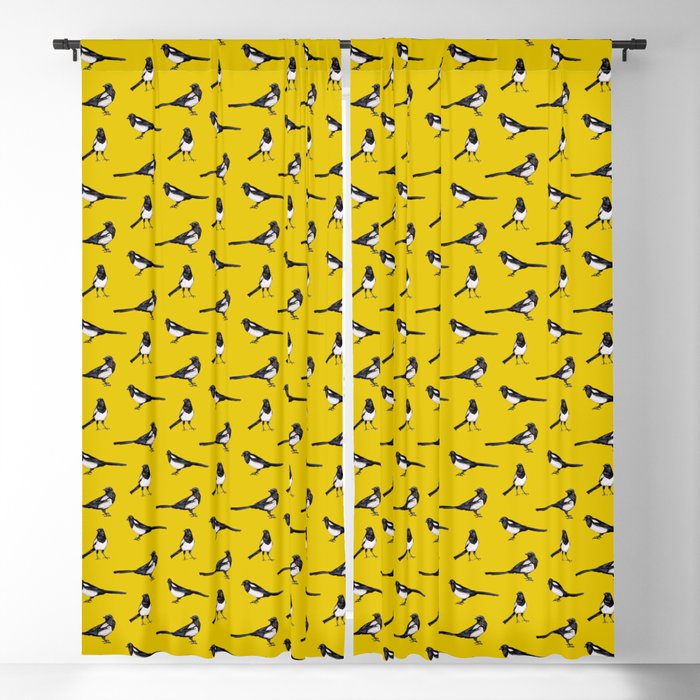 Magpies on Yellow - Bird Pattern Blackout Curtain