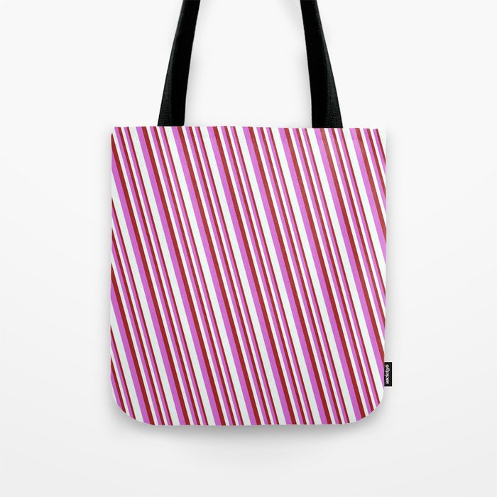 Brown, Orchid, and Mint Cream Colored Stripes/Lines Pattern Tote Bag